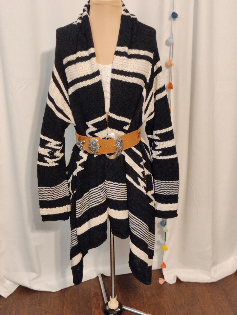 Ralph Lauren knitwear Sweater black &ivory Waterfall Shawl Collar Linen Cotton